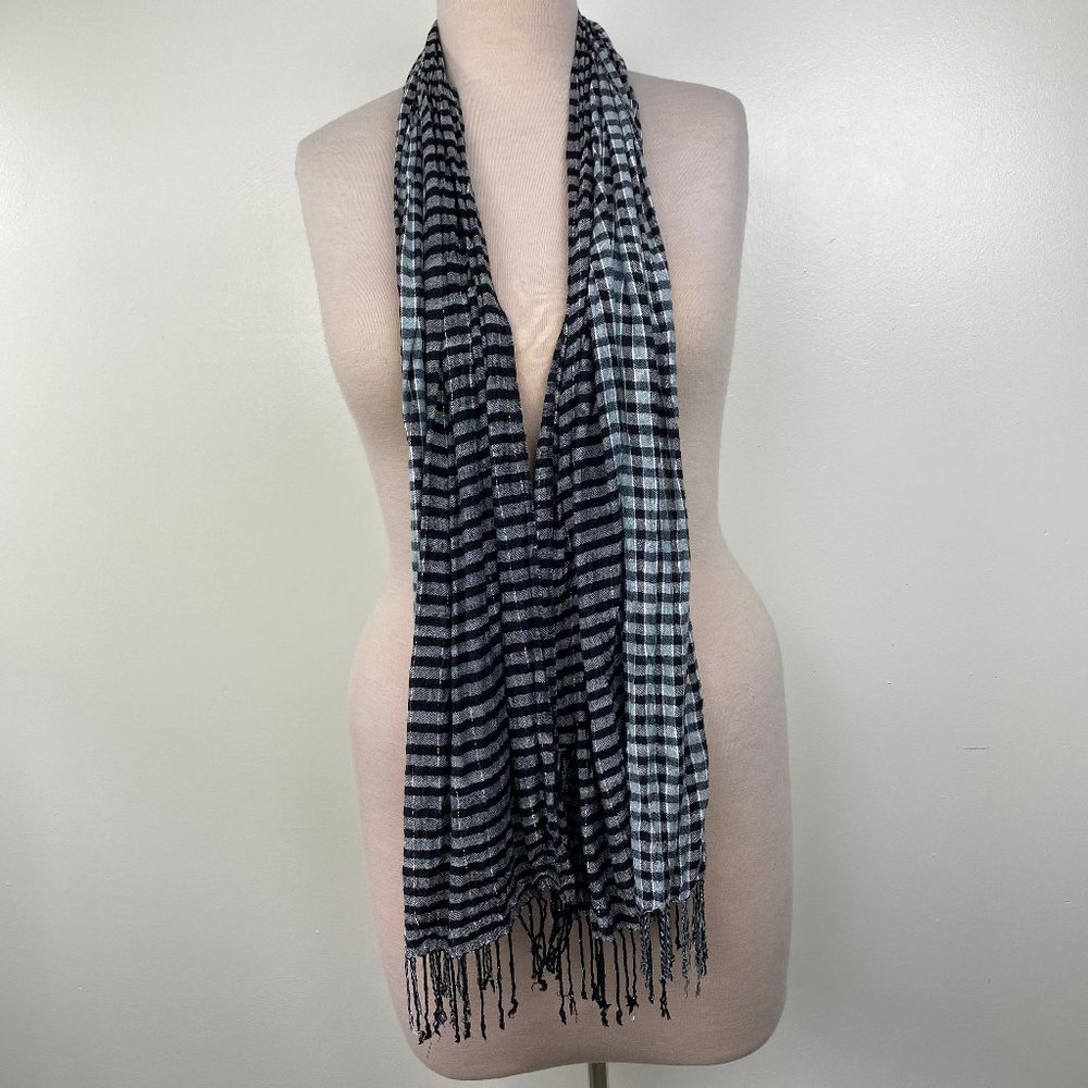 Rachele Black & Gray w/ Silver Metallic Threads Fringe Scarf 72" Long